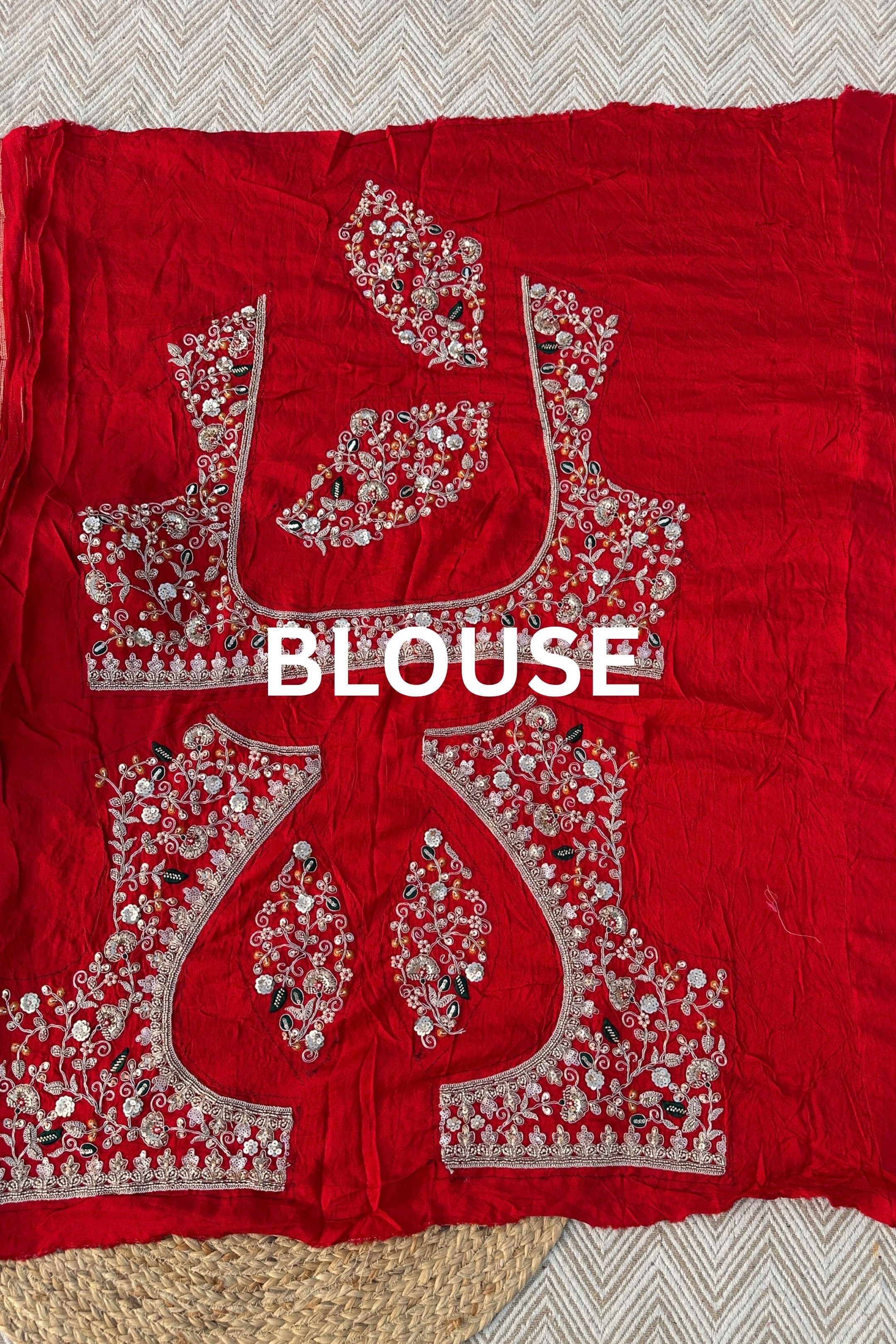 Red Rani Georgette Unstitched Saree Embellished With Zari, Moti, Sequins & Cutdana Work
